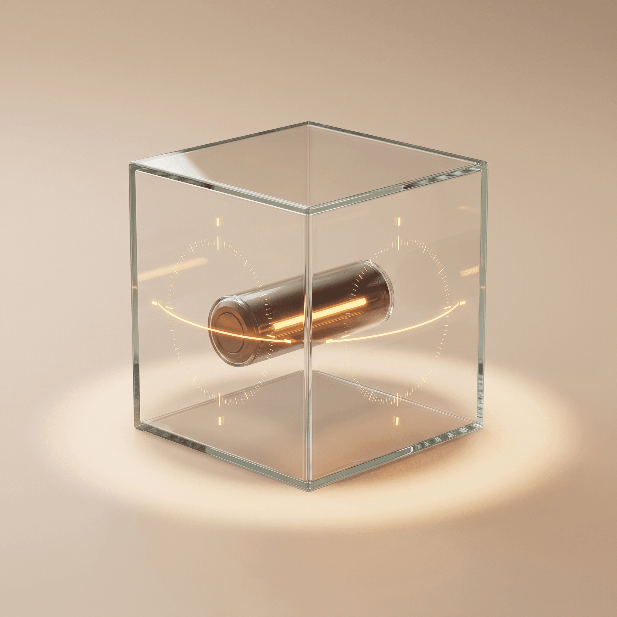 A dark system unit tested inside a glass sandbox.