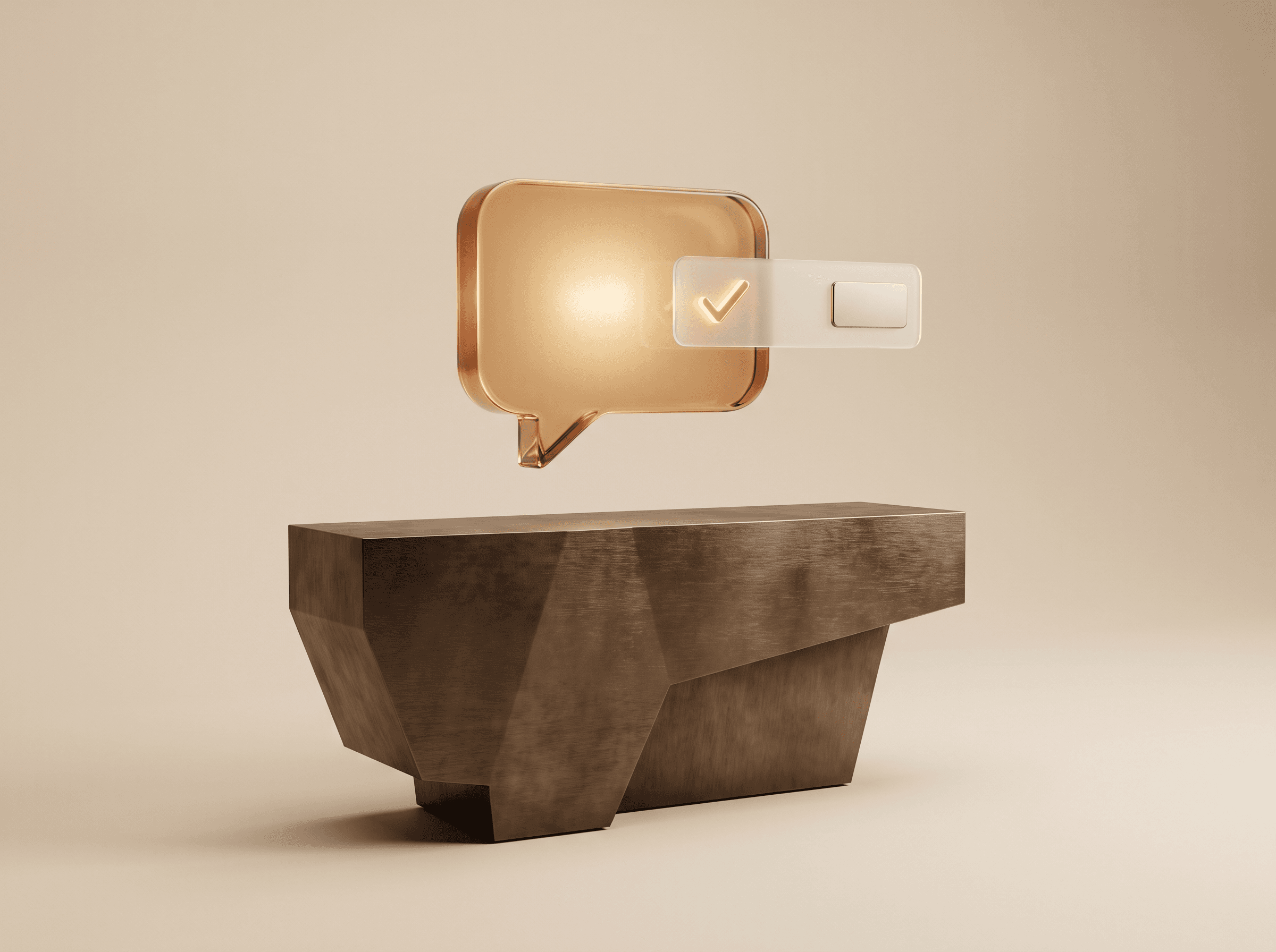 HI-DESK faceted bronze plinth with an amber speech bubble and frosted-glass reply card