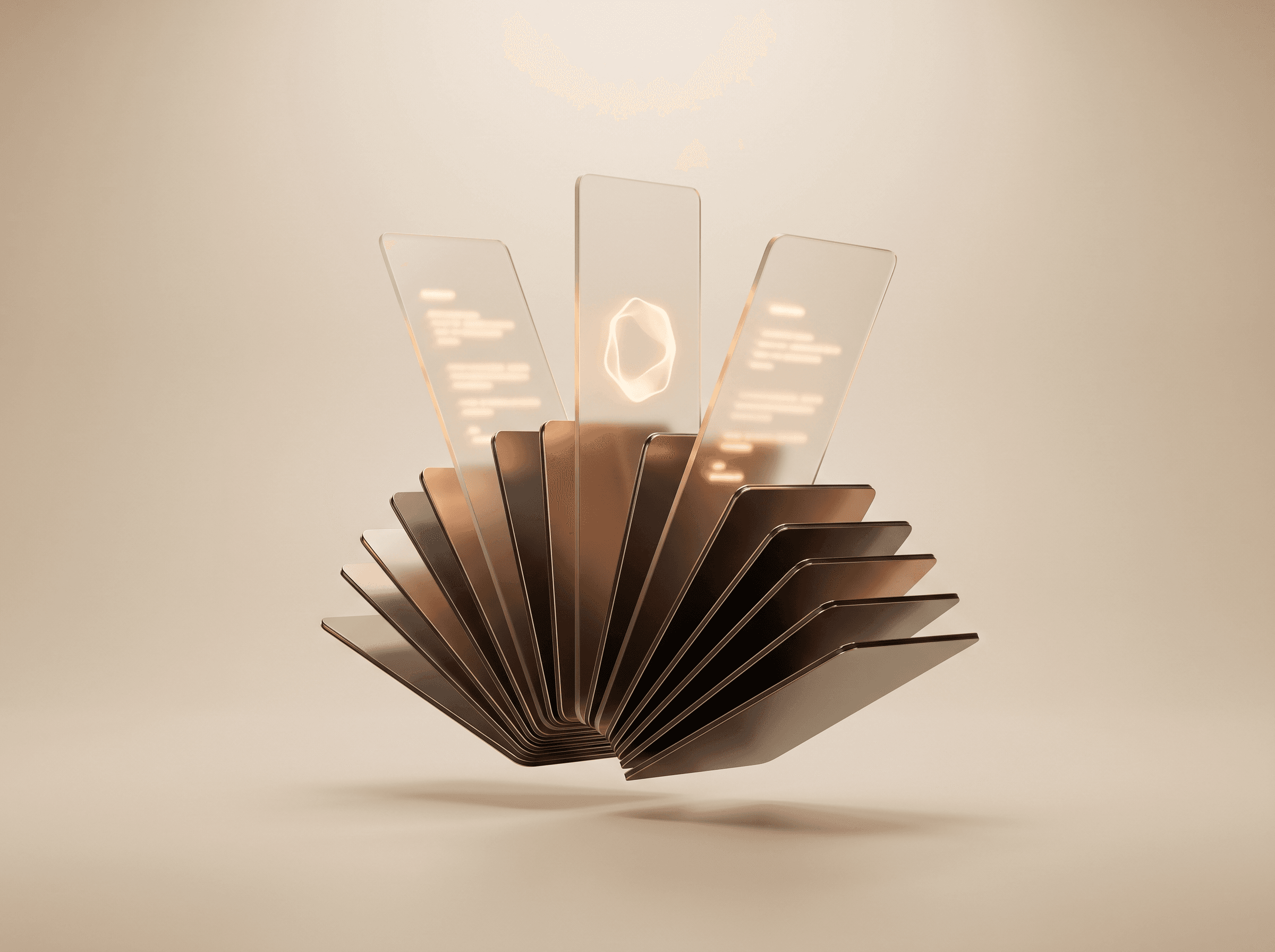 HI-POST bronze card fan projecting rising frosted-glass campaign panes